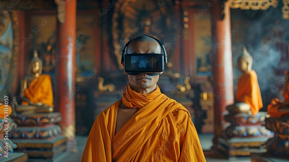 Obraz premium a filmmaker recording a monk's everyday routine in a Buddhist monastery while using virtual reality goggles.