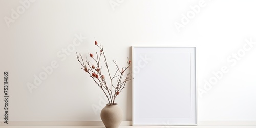 Minimal white desk with photo frame, round vase, and decorative twig against white wall. photo