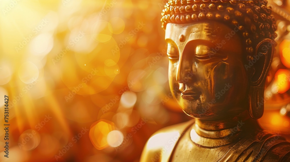 On a sunny day, the sun shines on the golden Buddha statue, backlight, mona lisa style, UHD, hyper quality, copy space - generative ai On a sunny day, the sun shines on the golden Buddha statue, backlight, mona lisa style, UHD, hyper quality, copy space - generative ai