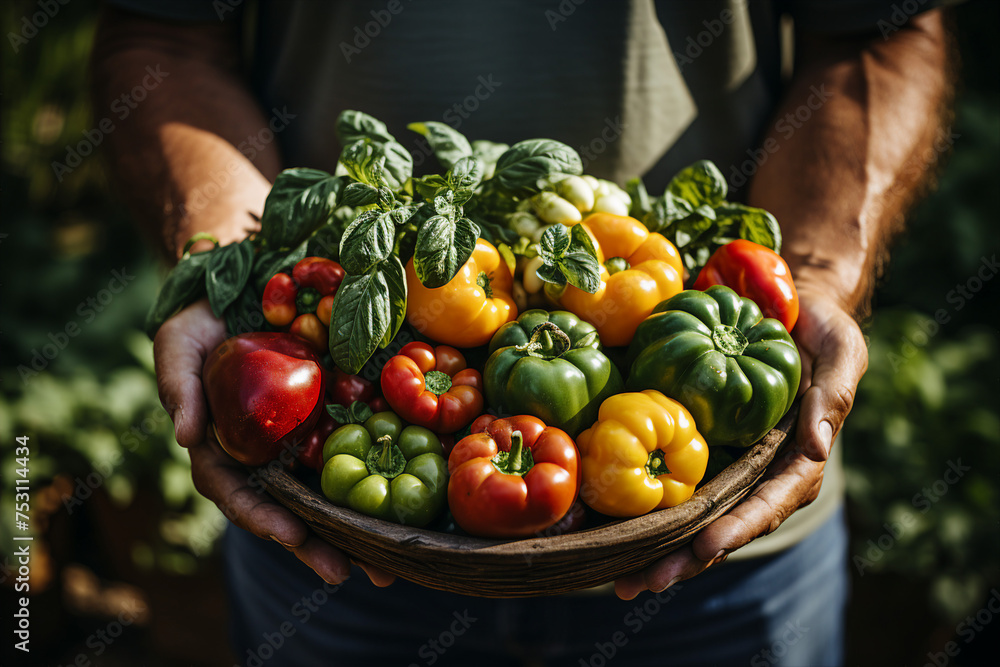 Fototapeta premium Countryside view with happy gardener picking harvest autumn fall season Generative AI