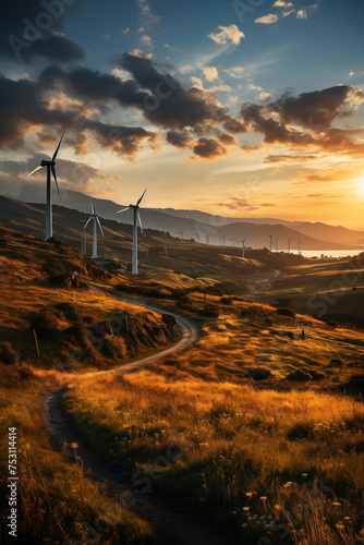 Wind turbines at a windfarm at a hill on sunset.