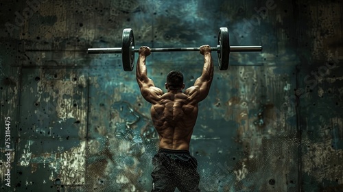 A weightlifter lifting a barbell overhead, muscles bulging. Gym background.
