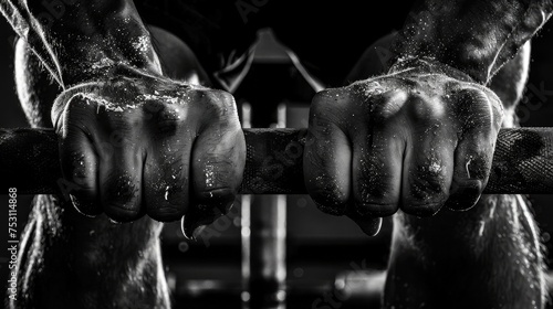Close-up of a weightlifter's hands gripping a barbell, muscles tense.