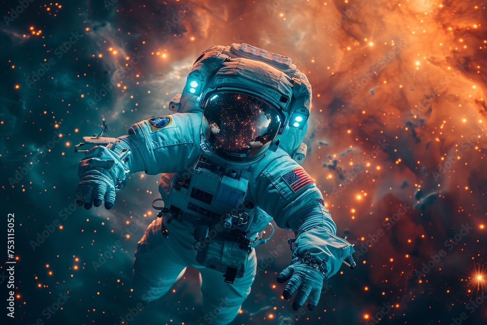 Vivid image of an astronaut with reflections in the visor, contrasted with a fiery orange nebula