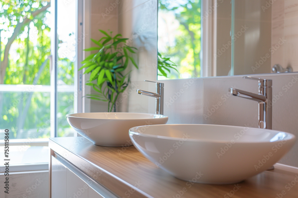 Close up Double Washbasin With Wooden Cabinet Close up Double Washbasin With Wooden Cabinet