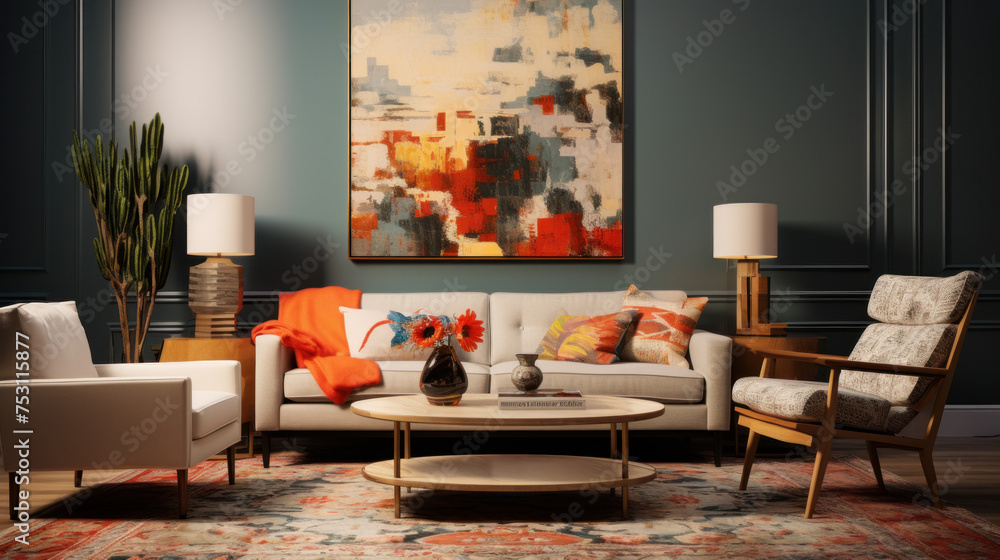Composition of a modern eclectic living room with an antique Persian rug Composition of a modern eclectic living room with an antique Persian rug
