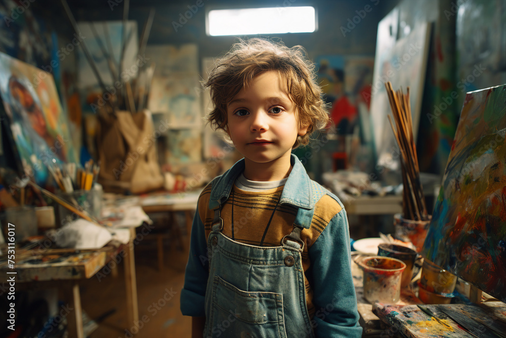 Little beautiful child draws on an easel in an art studio drawing school creativity generative AI