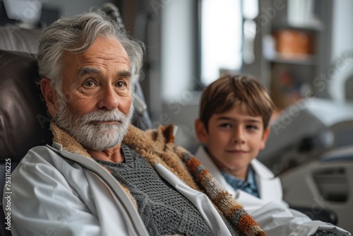 A grandfatherly figure and a young boy share a smile together in a medical setting photo