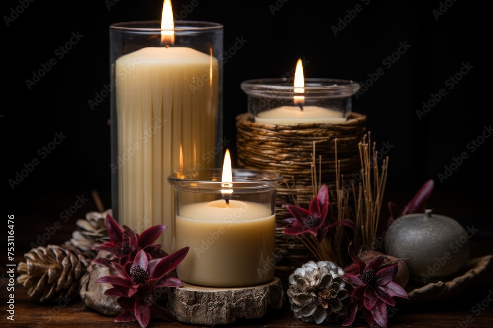 Three lit candles casting a warm glow on a wooden table Three lit candles casting a warm glow on a wooden table