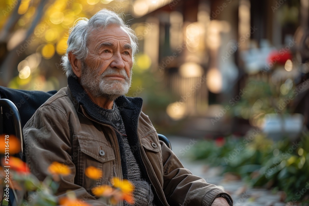 Elderly man in thoughtful pose sitting in a wheelchair outside amongst autumn foliage