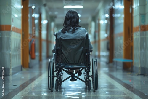 A woman in a wheelchair is positioned in the center of a quiet, lit corridor, conveying solitude