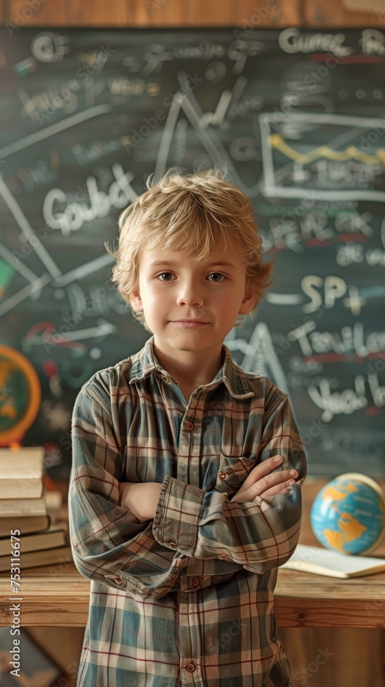 A child in class is shown against the blackboard. A child in class is shown against the blackboard.