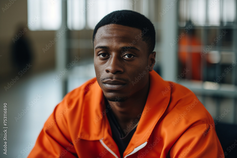 Criminals jailed in prison in orange uniform behind metal bars Generative AI realistic 3D picture Criminals jailed in prison in orange uniform behind metal bars Generative AI realistic 3D picture
