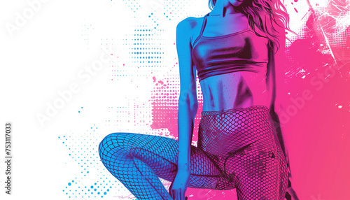 Slim sexy woman on abstract pink and blue background. Pop-art style, beauty and fashion concept