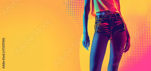 Slim sexy woman on abstract yellow and pink background. Pop-art style, beauty and fashion concept
