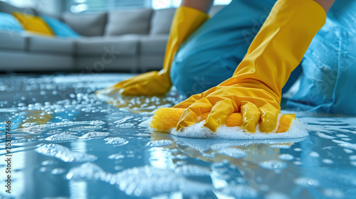 Cleaning the floor using a sponge and detergent. Hands in yellow rubber gloves carefully wash the floor. Concept of cleaning, cleaning, cleaning agency,