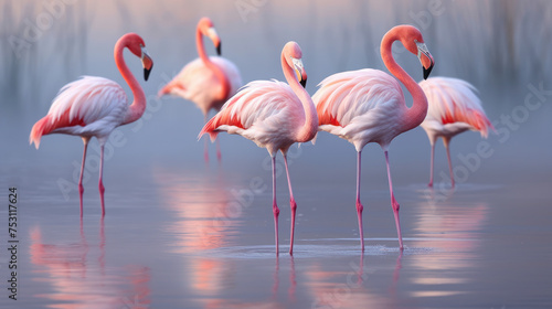 Elegance of flamingos with a focus on their striking pink feathers © Mehran