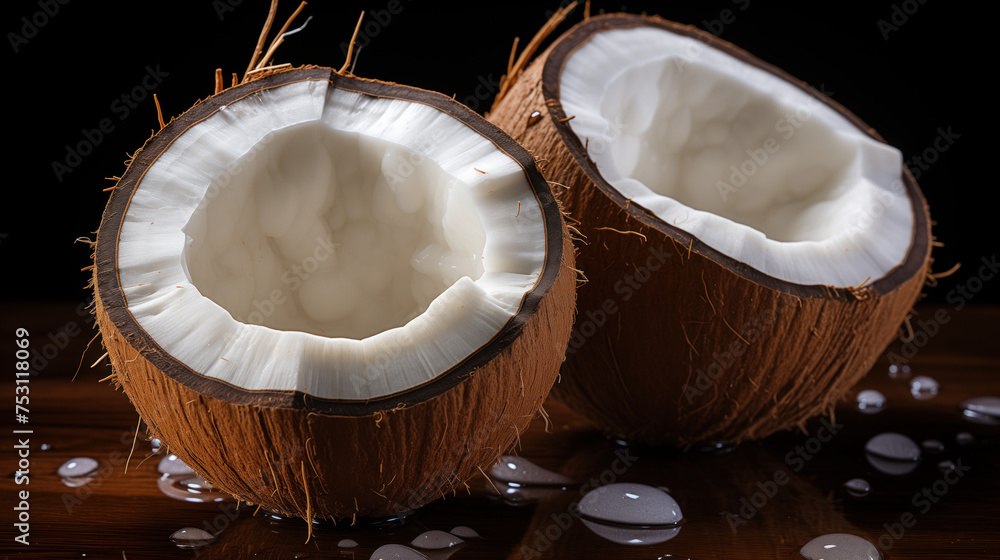 Fresh coconut halves on dark black background Fresh coconut halves on dark black background