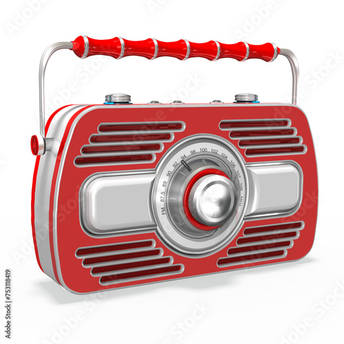 3d  rot, graues Radio, Kofferradio im Retro Style mit Henkel und Senderwahl mit transparenten Hintergrund, freigestellt