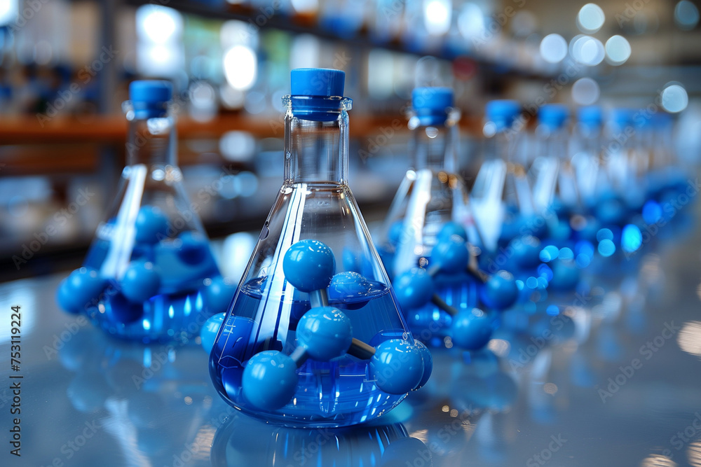 Test tubes with chemicals with atoms in blue color Chemical bonding - Conical Flask Beaker in a Lab - obrazy, fototapety, plakaty 