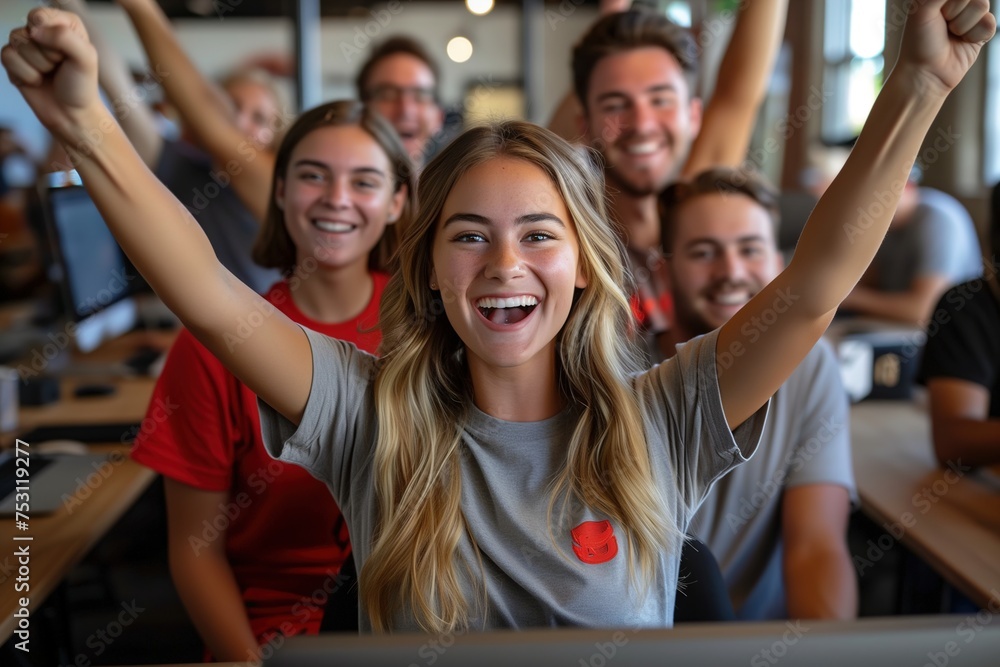 Young woman with raised arms, exuberant expression with team Young woman with raised arms, exuberant expression with team