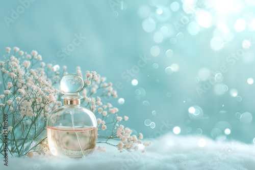 A vintage-style perfume bottle delicately placed on a dreamy light blue background reminiscent of a fairytale scene, real photo ai generative high quality image