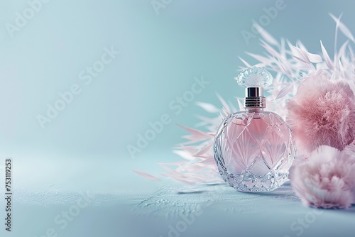 A vintage-style perfume bottle delicately placed on a dreamy light blue background reminiscent of a fairytale scene, real photo ai generative high quality image