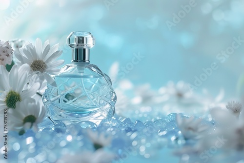 A vintage-style perfume bottle delicately placed on a dreamy light blue background reminiscent of a fairytale scene, real photo ai generative high quality image