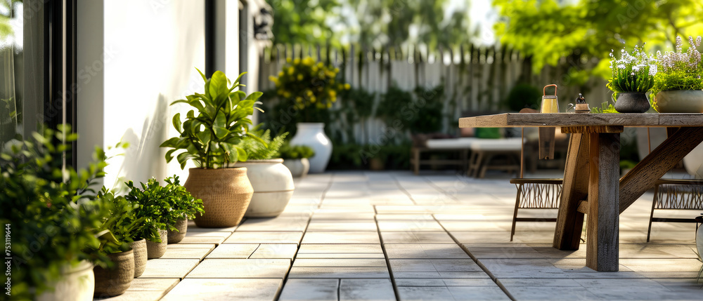 Minimal mock up with suburban patio of penthouse. Backyard terrace with green plants, lounge furniture. Luxury exterior design. Villa facade. Copy space. Generative ai Minimal mock up with suburban patio of penthouse. Backyard terrace with green plants, lounge furniture. Luxury exterior design. Villa facade. Copy space. Generative ai