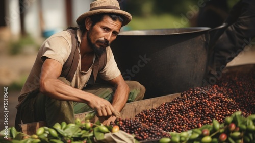 A man, a farmer with a harvest of robusta and Arabica coffee beans, ripe red berries on an organic farm. Agriculture, Industry, The production of invigorating Drinks concepts.