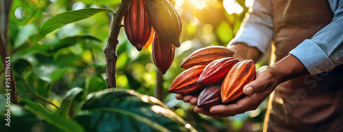 Multiple cacao pods held with care, harvest bounty. Rich chocolate flavor begins here. Hands full of chocolate's origin, the pods bask in golden hour. Panorama with copy space