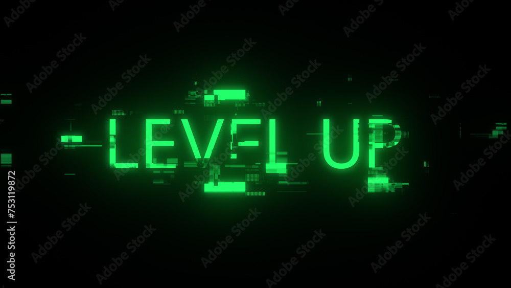 3D rendering level up text with screen effects of technological glitches