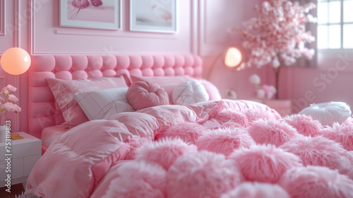 Bedroom interior in pink tones with a cozy bed, pink blanket and decorative pillows.