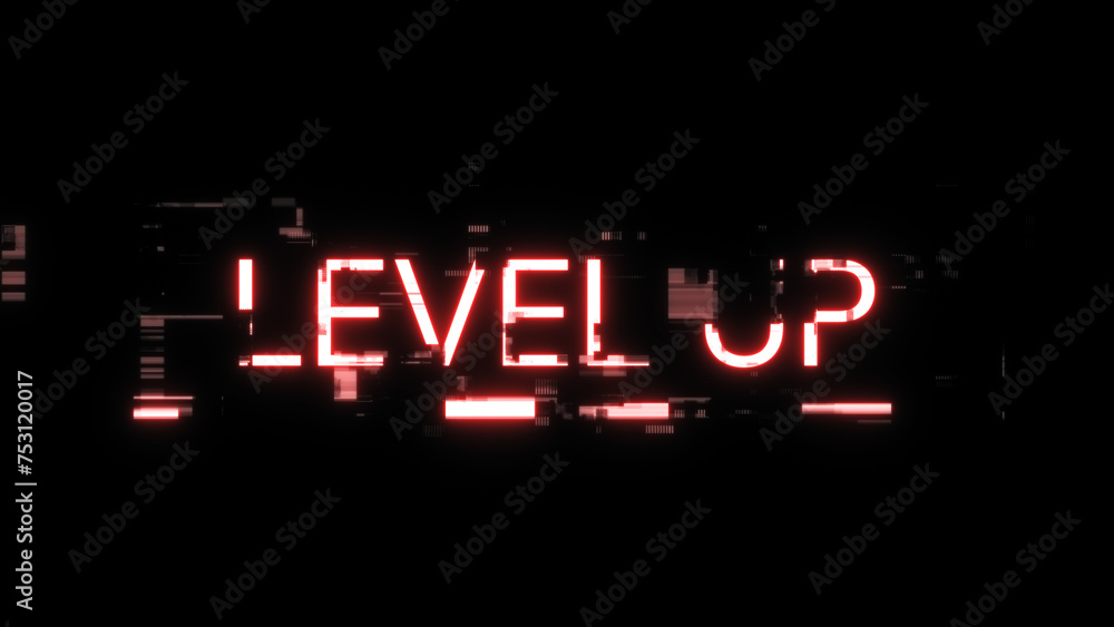3D rendering level up text with screen effects of technological glitches 3D rendering level up text with screen effects of technological glitches