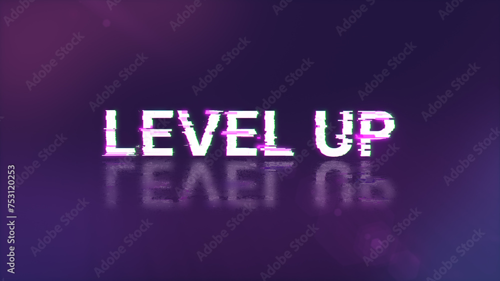 3D rendering level up text with screen effects of technological glitches 3D rendering level up text with screen effects of technological glitches