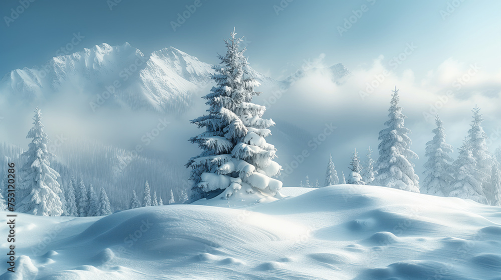 Winter landscape with snow-covered trees and mountains. Snowy spruce. Christmas tree in the snow. Winter landscape with snow-covered trees and mountains. Snowy spruce. Christmas tree in the snow.