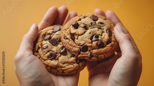 A pair of hands delicately holding chocolate chip cookies against a vibrant orange backdrop, reminiscent of classic American cookie ads, copy space for text, real photo Generative ai © SazzadurRahaman