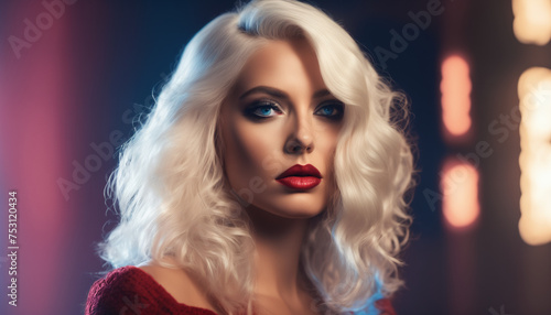Glamorous Woman with Platinum Blonde Hair and Red Lipstick Against Bokeh Lights Generative AI