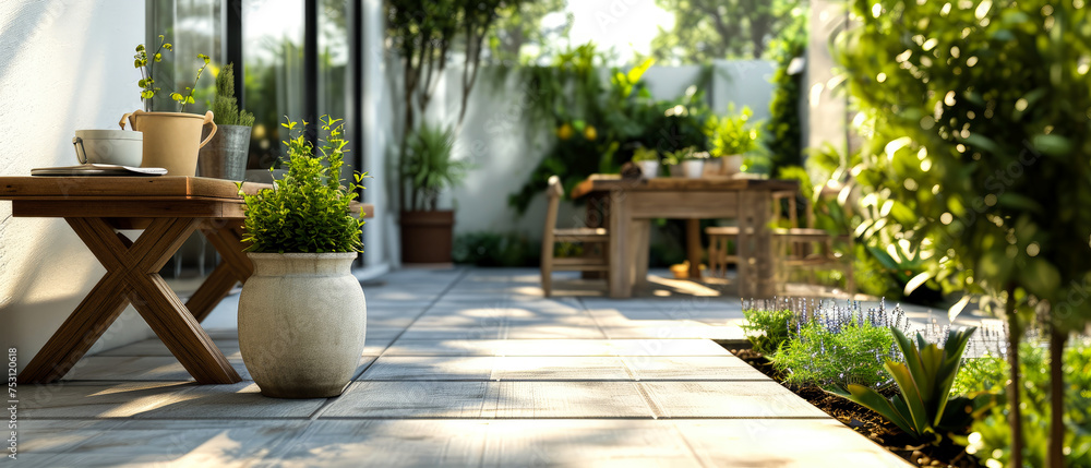 Spring patio of suburban penthouse. Backyard terrace with blooming plants, furniture, couches and lounge chairs. Luxury exterior design mockup. Villa facade. Copy space. Generative ai