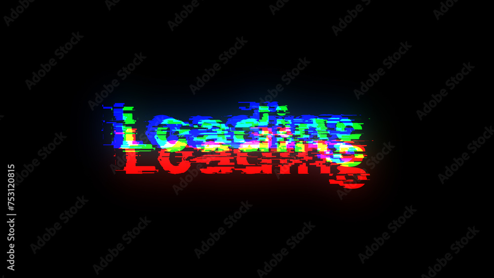 3D rendering loading text with screen effects of technological glitches