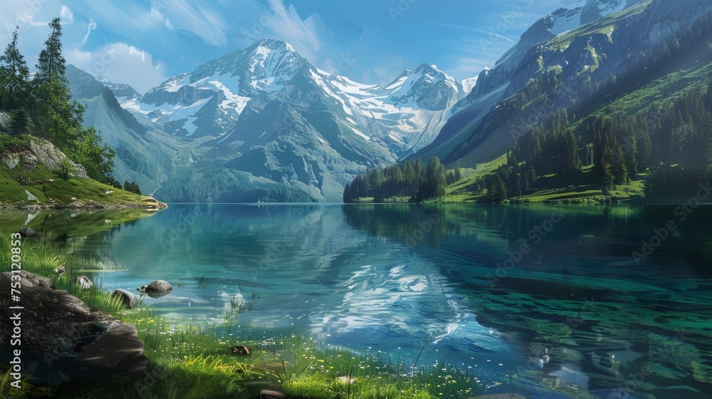 A Painting of a Lake Surrounded by Mountains