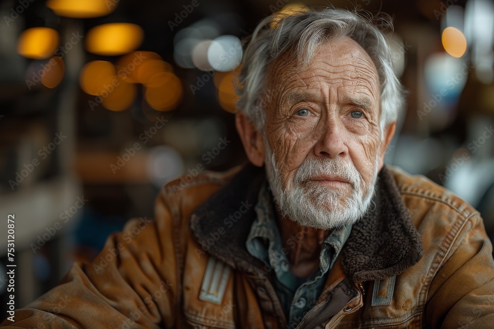 A poignant portrait of an elderly man with a thoughtful expression and heavy jacket, symbolizing profound contemplation