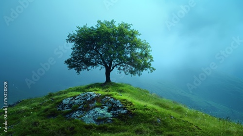 Green Tree on Hill Blue Background