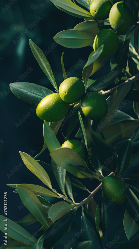 Obraz premium close-up, fresh branch with olives with leaves on a background with bokeh, sunlight, empty space for text, vertical