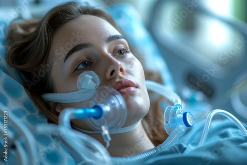 A critical patient lies intubated in an ICU bed clad in blue linens, medical equipment monitoring their vital signs photo