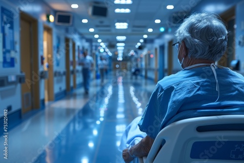 A poignant moment as an elderly patient in blue scrubs sits with their back facing the camera, reportedly contemplating life in a hospital corridor