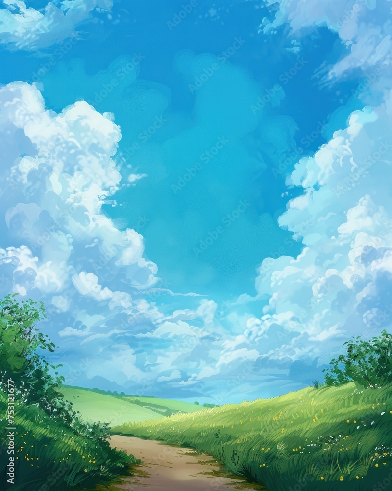 A vibrant, animated landscape with a path leading through a lush greenery under a bright blue sky could be used in children's educational material or as a calming visual in digital media.