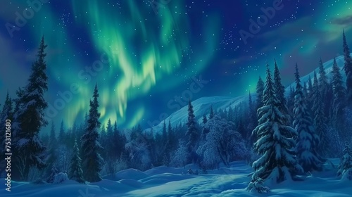 Snowy Landscape With Green Aurora Bore