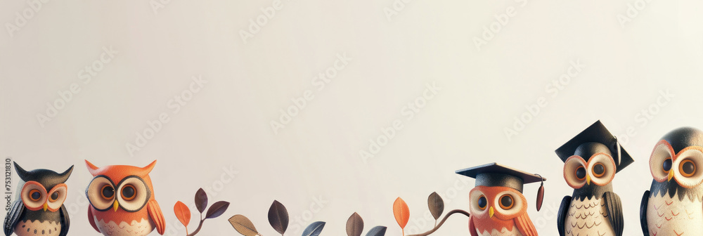 A border of playful cartoon-style owls wearing graduation hats, great ...