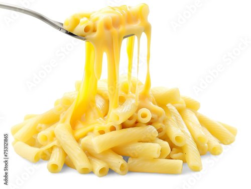 Mac and cheese on a fork isolated on transparent or white background, png photo